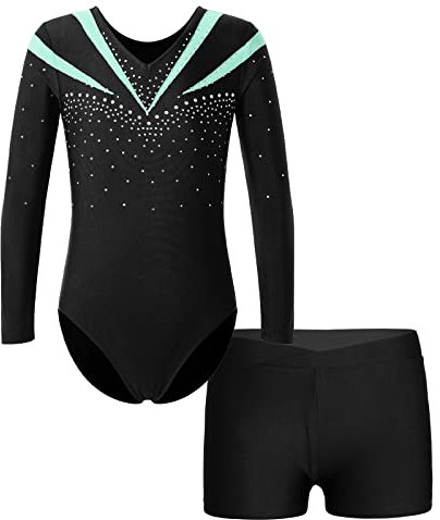 Hedmy Mädchen Turnanzug Glitzer Langarm Gymnastikanzug Ballett Trikot V-Ausschnitt Tanzbody mit Shorts Tanzkostüme Hell Grün 134-140