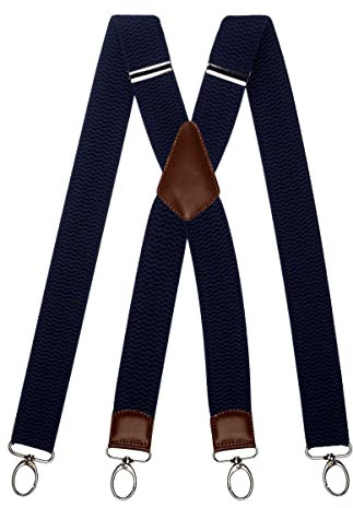 Olata Extra Breite Herren Hosenträger X-Form mit Braun Leder und Karabinerhaken – 4 cm. Marineblau