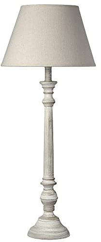 Grey Washed Wood Vintage Rustic Candlestick Table Lamp with Linen Fabric Tapered Shade | 60cm Height | 1 x SES E14 Lamp Bulb Required | UK Approved | in-Line On Off Switch | Wooden Lathe Turned