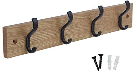 Keypak Minimalistic Wall-Mounted Coat Rack – 4 Hooks on Stylish Modern Wooden Base for Wall & Door – 38cm – All Fixings Included (Matte Black/Ash Effect)