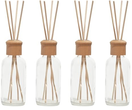 Whole Housewares DiffuserReedsBottlesWithExtraReeds_Setof4_woodtop – Mini-Raumerfrischer mit Duftstäbchen – Duftdiffusor für Bad, Wohnzimmer, Büro – Eleganter Diffusor mit ätherischen Ölen