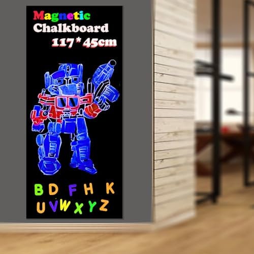 LACQWO Tableau noir magnétique de 117 x 45 cm, rouleau de tableau noir autocollant avec 53 lettres magnétiques pour enfants, maison, école, bureau, tableau noir, autocollant mural amovible