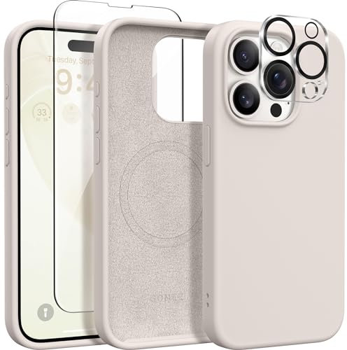 GONEZ for iPhone 15 Pro Max Case Silicone, Compatible with Magsafe, Camera Protector + Screen Protector, Soft Anti-Scratch Microfiber Lining, Liquid Silicone Shockproof Phone Cover, Stone
