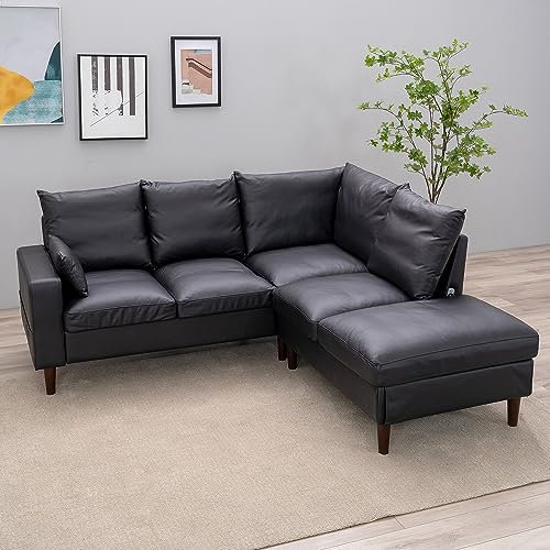 Panana 5 Seater Sectional Sofa L Shape Corner Chaise Sofa Sectional Sofa Couch for Apartment Sectional Set with Built-in USB Port (Black Leathaire, 5 seater corner with USB port chaise)