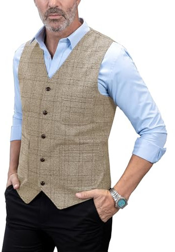 Solove-Suit Gilet élégant à carreaux pour homme Coupe ajustée Laine Tweed Gilet pour mariage, champagne, XL