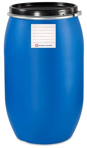 kanister-vertrieb® 220 Liter Deckelfass, Kunststofffass, Futtertonne, Fass, Weithalstonne Farbe blau (220 D blau) + Etikett