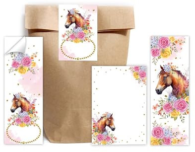 12 Lesezeichen + 12 Notizblöcke + 12 Geschenktüten (natur) + 12 Aufkleber Pferd Mitgebselset Gastgeschenke für Kindergeburtstag Mädchengeburtstag
