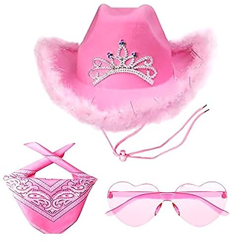 3PCS Squisito Cappello Da Cowboy Rosa Da Donna Fashion Party Occhiali Da Sole a Cuore Rosa Sciarpa Rosa Per Compleanno Di Donne Cowboy a Tema Costumi Per Feste Accessori Mascherata