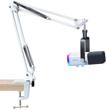 SUNMON Bras de perche blanc pour Fifine AM8 – Bras de micro compatible avec microphone Fifine, clip adaptateur à vis de 3/8 à 5/8, pince de bureau incluse