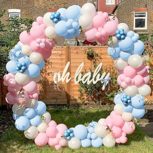 Unisun Kit Arche Ballons Rose Bleu, 145 Pcs Guirlandes Ballons Rose Pastel Bleu Blanc pour GarçOn Fille Révéler Le Genre Baby Shower Baptême Fête D'Anniversaire Décoration