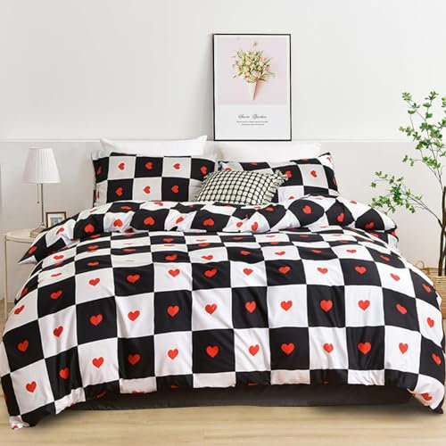 Freyamy Bettwäsche 200x200cm 3teilig Schwarz Weiß Rot Herz Kariert Wendebettwäsche Liebe Gitter Bettwaren-Sets 100% Microfaser Mädchen Bettbezug mit Reißverschluss und Kissenbezug 80x80cm