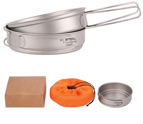 Tiartisan Tragbare Titan-Kochtopf, faltbare Griffe, leicht und rostfrei, 500 ml
