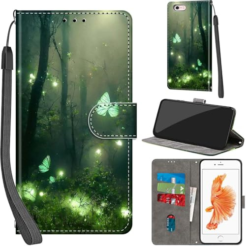 Haninsuze Case for iPhone 6/6S Plus 5.5 Inch, Forest Butterfly | PU Leather, 3 Card Holder, Wallet Book Flip, Folio Stand View, Magnetic, Multi-Pattern Cover, Lanyard Strap