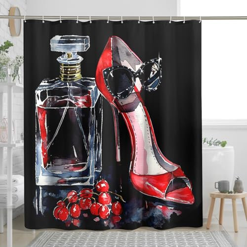 Modischer Duschvorhang, Aquarell, Rot, Schwarz, Parfüm, Kirsche, High Heels, Duschvorhang für Badezimmer, Sommer, modern, schick, dunkel, wasserdicht, Stoff-Duschvorhang-Set mit Haken, 157 x 183 cm