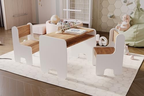 KOBI Ensemble Table + 2 chaises pour Chambre d'enfant | pour Enfants - Filles et garçons | Tableau de Peinture | Table des Enfants 2 chaises - Blanc/chêne doré