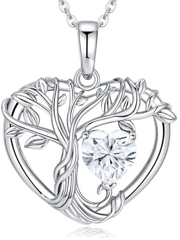 LOCIBLO Tree of Life Necklaces for Women 925 Sterling Silver Heart Pendant White Gold Cubic Zirconia Diamond Necklace April Birthstone Jewellery for Her, 18+2
