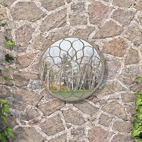Brokky Specchio da Giardino Sabbia 40x3 cm in Ferro Rotondo da Esterno,Specchio da Giardino per Finestra da Chiesa,Arredamento Esterno,Effetto Pietra