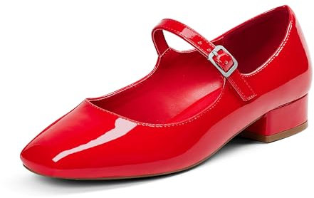 GENSHUO Mary Jane Scarpe da Donna, Ballerine con Punta Quadrata, Comode e Semplici, con Soletta Imbottita, Pelle Verniciata Rossa, 37 EU
