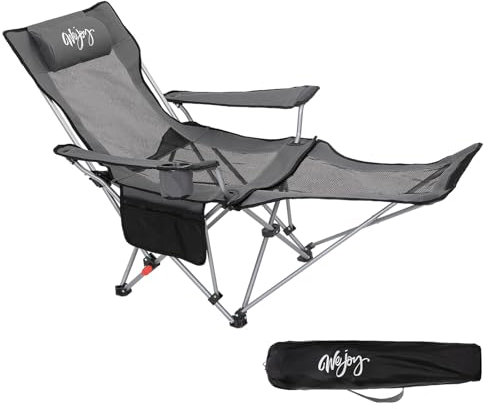 #WEJOY 2-in-1 Campingstuhl Faltbar, Strandstuhl mit Verstellbarer Rückenlehne & Fußstütze Angelstuhl Campingstühle für Erwachsene mit Wattepad Kissen Getränkehalter Armlehnentaschen Grau/Schwarz