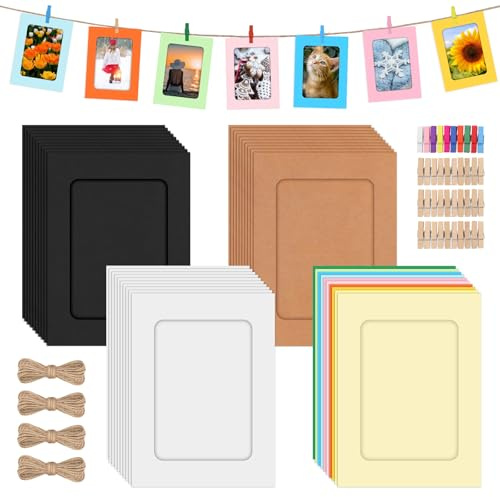 Mardatt Cardboard Picture Frames, 40 Set 6“ Papier Bilderrahmen, enthält bunte Papp-Fotorahmen mit Holzklammern, Schnüre für Home Decor