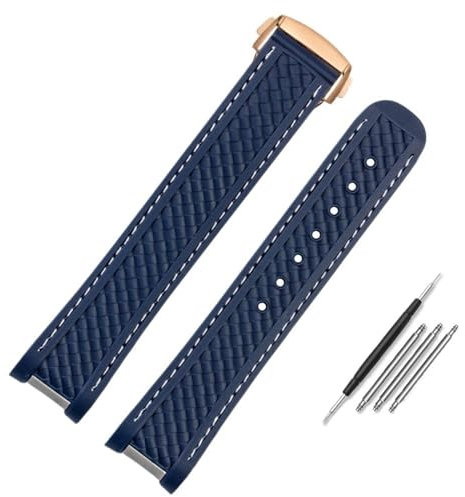 ANZOAT 20mm 21mm Rubber Silicone Watch Strap For Omega Seamaster 300 AT150 Aqua Terra Ultra Light 8900 Steel Buckle Blue Watchband Bracelets(Blue-rose gold,20mm)