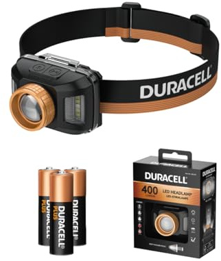 Duracell LED Stirnlampe DH400 Core – 400 Lumen, Twist-Fokus, bis 60 m Leuchtweite, Rotlichtfunktion, 2 Lichtmodi, 3×AAA Batterien inkl., leicht & ergonomisch, IP54 spritzwassergeschützt, einsatzbereit