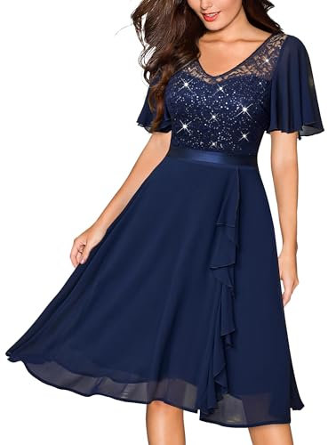 MIUSOL Women's Elegant Lace Sequins Insert Chiffon Ruffle Cocktail Party Prom Semi Formal Wedding Guest Swing Dress (Large, Navy Blue)