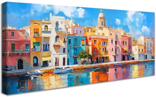 Mit Rahmen Groß Leinwand Bilder Abstrakt Bunte Häuser Leinwandbilder Bild auf Leinwand Malerei Stadt am Meer Blauer Himmel Seekarte Bild Wandbilder Heim Wohnzimmer Schlafzimmer Wanddekoration 50x120cm