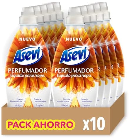 Asevi Perfumador Líquido para Lavadora Gold - Perfume para la Ropa - Fragancia Intensa y Sofisticada - Fórmula Hipoalergénica - Dermatológicamente Testada - Ideal para Todo Tipo de Ropa - Pack de 10