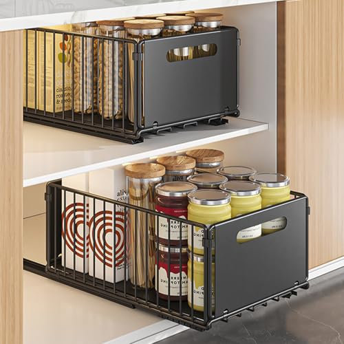 Teleskopschublade,Faltbarer Ausziehbarer Schrank Küche Metall Ausziehbare Schubladen-Regalaufbewahrung Kein Bohren Pull Out Cabinet organizer für Speisekammer Badezimmer, L25* T39*H19 CM (Schwarz)