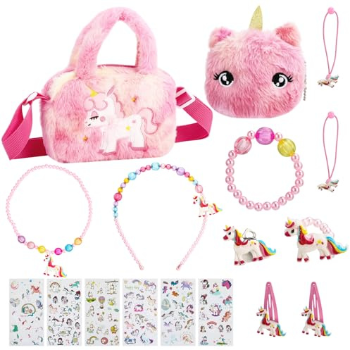 Livdouyu Einhorn-Tasche und Schmuckset für Mädchen - Halskette, Armband, Ring, Haarschmuck, Aufkleber - Geschenke für 3-7 Jahre