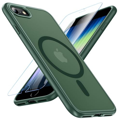 OWKEY for iPhone SE Case, Magnetic iPhone SE 2022 (3rd)/2020 (2nd)/iPhone 8/7 Case for Compatible Magsafe with Tempered Glass, [Shockproof Military] Translucent Back Slim Bumper Cover Phone Case,Green