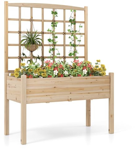 HAPPYGRILL Raised Garden Bed with Lattice Trellis, 4 Drainage Holes, Wooden Elevated Planter Box with Legs for Climbing Vine, Hanging Small Flower Baskets, Outdoor Gardening Planter for Patio Balcony