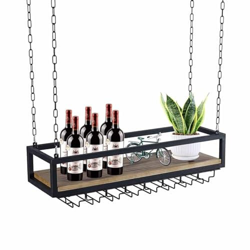 Hängender Weinglashalter, Regal, Küchenregal für Decke oder Wand, Retro-Weinglasregal aus Schmiedeeisen mit Massivholzplatte (60 x 25 x 100 cm)
