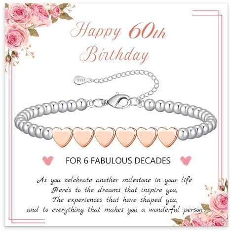 BMMYE 60th Birthday Gifts for Women,Silver Bead Bracelet with Rose Gold Heart Adjustable Sterling Silver Bracelet Birthday Gifts with Cards for Mum Daughter Sister Grandma