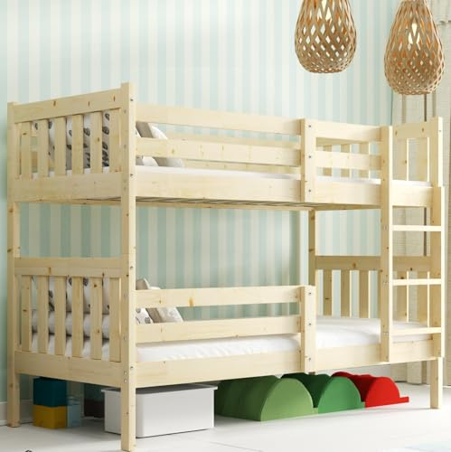 Interbeds Etagenbett Hochbett 190x90 cm Stockbett aus Kiefernholz roh mit Leiter und Lattenrost Naturholz (Naturton, 190x90)