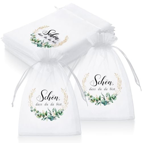 Hestya 30 Stück Schön dass du da bist Gastgeschenke Organzabeutel Weihnachten Hochzeit Mitgebsel Geschenktasche Organzasäckchen für Taufe Schokolade Kekse Geschenktüte für Firmung Geburtstag