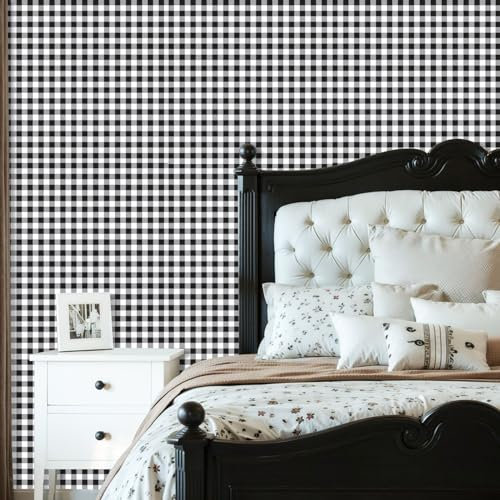 Peel and Stick Wallpaper Plain Black White Grey BW Gingham Scott Tartan Plaid Buffalo Check Removable Wallpaper Contact Paper for Living Room Bedroom Bathroom Kitchen Countertop 60 x 300