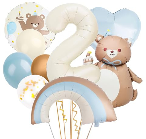 Tutukyle Kindergeburtstag Deko 2 Jahr Bär Set- Blau 2. Geburtstag Junge mit Folienballons Herz Regenbogen Zahlen Luftballon 2, Ballons für Kinder Geburtstagsfeier