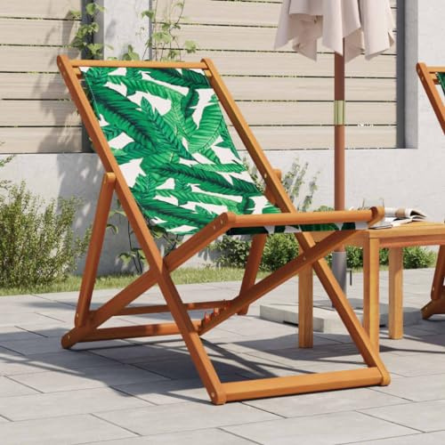 Mandloder Strandstuhl Klappbar, Grün Blattmuster, Massivholz Eukalyptus, 3-Fach Verstellbar, Gartenmöbel Outdoor Liegestuhl für Terrasse Balkon Strand