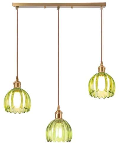 DLGLOLIN 3 Lampes Suspension en Verre Verte Fleur Vintage Laiton Doré Lustre Salon Moderne Éclairage de Plafond Art Déco Intérieure Suspendues Pour Salle à Manger Chambre Cuisine