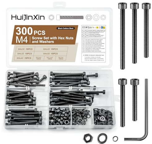 300 Stk M4 Schrauben Set, Sechskantschrauben mit Innensechskant Schrauben Muttern Sets, Zylinderschrauben mit Muttern und Unterlegscheiben Set, Schwarz Gewindeschrauben Maschinenschrauben Sortiment