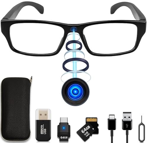 Mini Camara Espia Oculta Camuflada, Gafas con Camara Sin AGUJERO DE LENTE, FULL PACK (MicroSD 64GB C10 + Lector + OTG Type-C para Ver en el Móvil + Funda), Sin LUZ DE GRABACIÓN, Grabación en Bucle.
