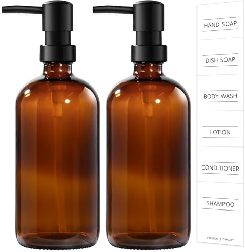 Hand Soap Dispenser,500ml Brown Glass Soap Dispensers, Washing Up Liquid Dispenser, Amber Glass Soap Dispensers Bottle with Pump And Label (2PC, Amber)