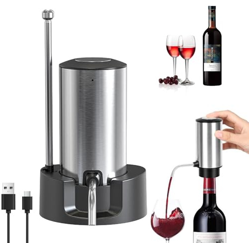 JIMACRO Elektrischer Wiederaufladbarer Weinspender Ausgießer, Automatische Wein Dekanter mit Aufbewahrungsboden für Weinliebhaber Heimbar Party (Edelstahl)