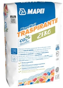 MAPEI Mapewall Traspirante Intonaco di Fondo Traspirante Fibrorinforzato, Base Calce Aerea, Bianco, per Interni ed Esterni, Bioedilizia