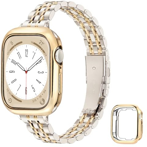 Calina Edelstahl Band mit Schutzhülle passt für Apple Watch Armband 42mm(Serie 11 10) 41mm 40mm 38mm 46mm 45mm 44mm 42mm(Serie 3 2 1) Serie SE 11 10 9 8 7 6 5 4 3-1, Slim Strap für Apple Watch Band