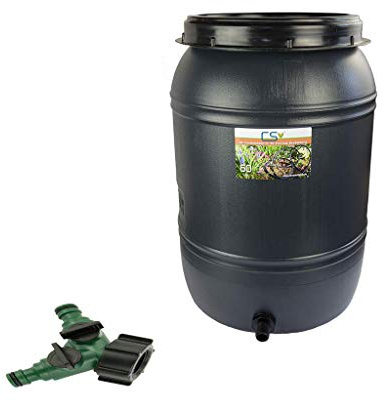 CS Drehdeckelfass 60 Liter Grau mit Tankdurchführung und 2-Wege Y-Absperrventil für die drucklose Bewässerung mit CS Perlschlauch Drucklos