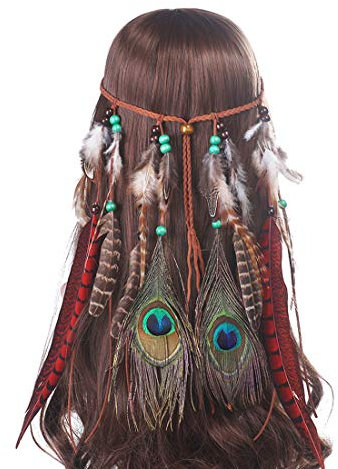 AWAYTR Damen Hippie Boho Indianer Stirnband Feder Stirnbänder für Abendkleider Halloween Karneval, Rot, Einstellbar