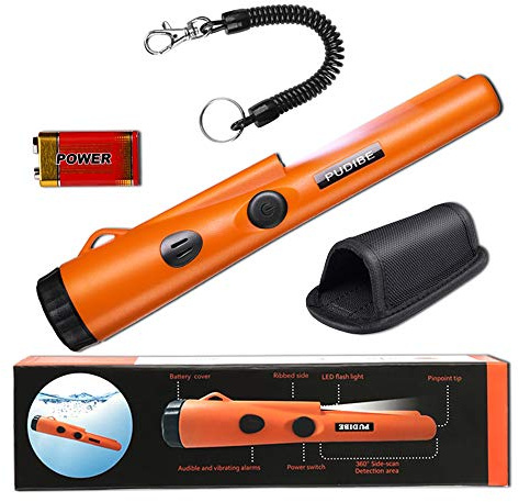 Pinpoint Metal Detector Pinpointer - Fully Waterproof with Orange Color Include a 9V Battery 360 Search Treasure Pinpointing Finder Probe with Belt Holster for Adults and Kids(Three Mode)